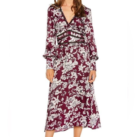 Bardot Women’s Jolie Floral Print Lattice Trim Satin Midi Dress Size 6/Small - Picture 1 of 12